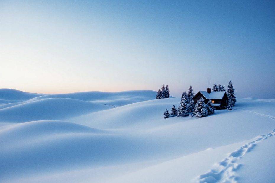A cozy snow-covered cabin nestled in a vast winter landscape. Surrounded by trees, it promises serene, clean air and tranquil living.