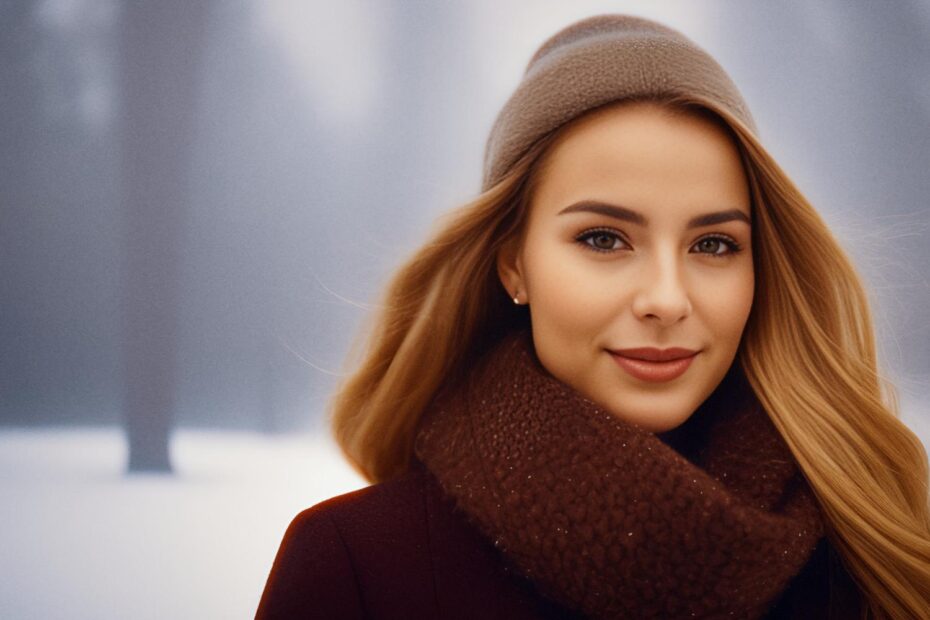A woman with flowing hair enjoys fresh, crisp air in a snowy landscape, wrapped in a cozy knit headband and scarf - the essence of serene living.