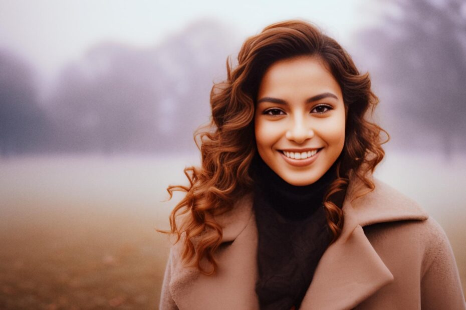 A woman with curly brown hair smiles outdoors, enveloped in fog. Her cozy coat and scarf echo a love for fresh air and serene living.