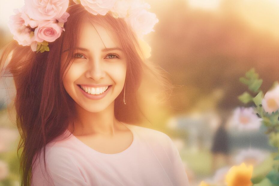 A young woman, crowned with pink roses, smiles warmly amid soft greenery. Embrace serene living and fresh air in nature's beauty.