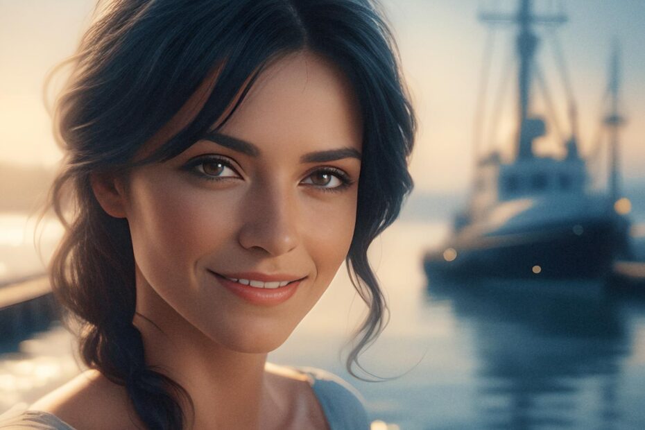 A woman with a loose braid smiles softly by a sunset marina, enjoying fresh air and the tranquil charm of waterside living.