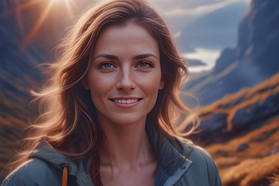 A joyful woman basks in a radiant sunset, fresh air surrounding her, against an enchanting mountain backdrop.