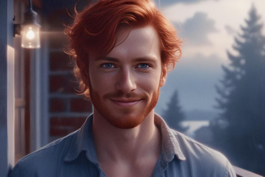 Cheerful redhead man relishing a serene dusk on a porch, symbolizing a blissful home life with fresh air.