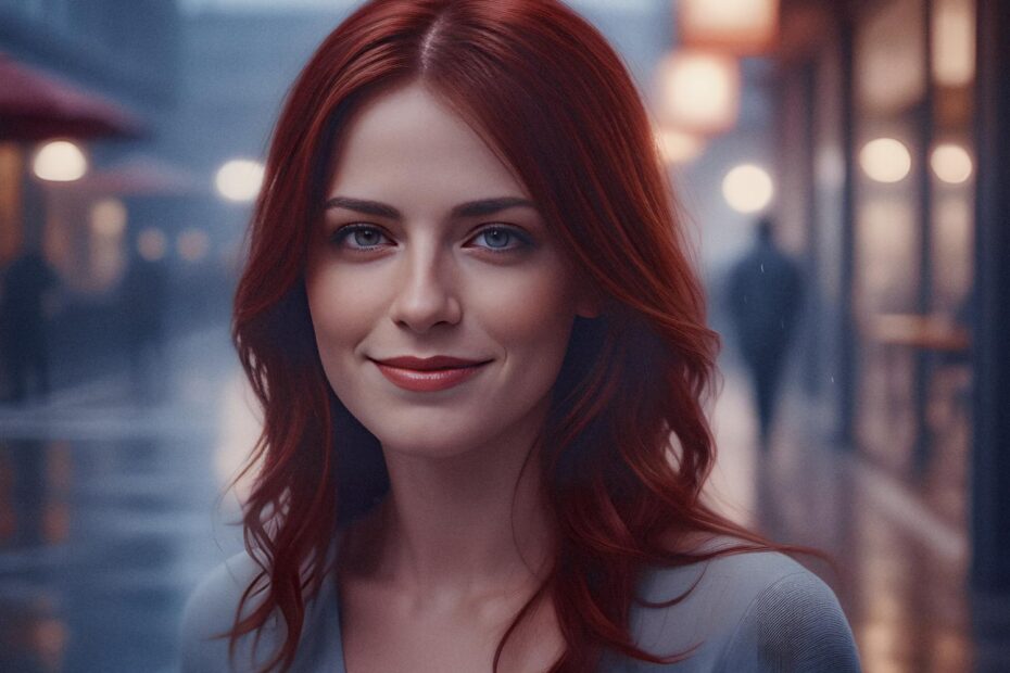 A radiant red-haired woman, breathing good air, smiles gently on a bustling city street at dusk from her cozy home.