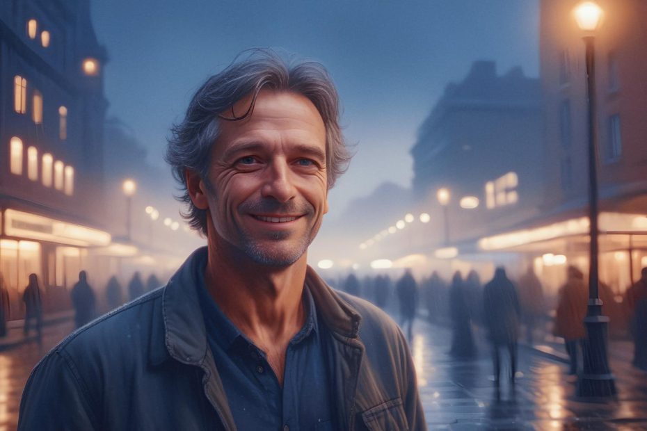 A cheerful man fashionable jacket, with a misty street behind him reflecting serene urban living.