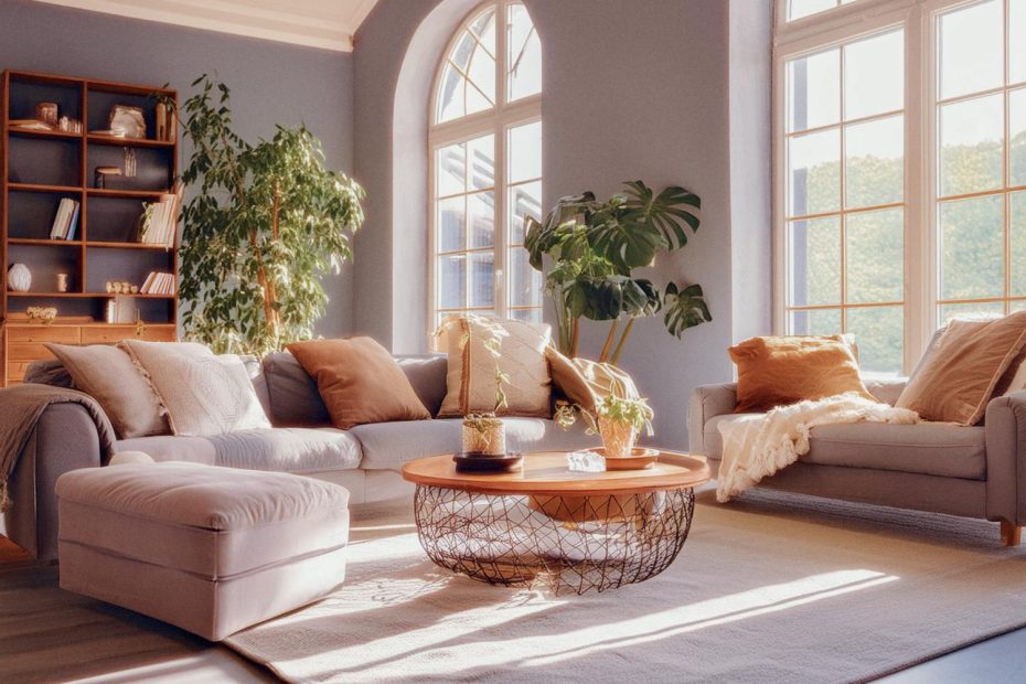 A cozy living room embodies convenient living with natural light through large arched windows, plush sofas, a wooden coffee table, and lush indoor plants for fresh air.