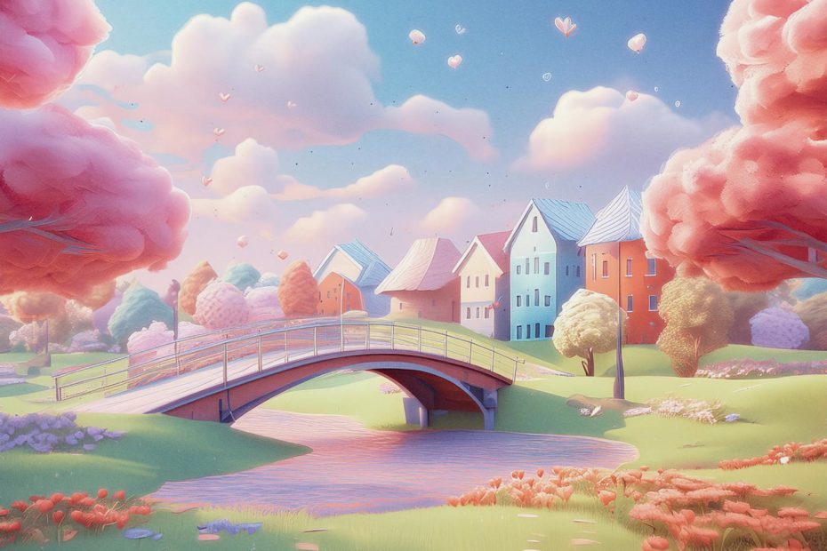 Idyllic pastel houses with pitched roofs line a river, spanned by a charming bridge. Pink and green trees enhance the scene. This picturesque setup promotes cleaner air akin to a True HEPA air purifier, embodying convenient living and a good life.