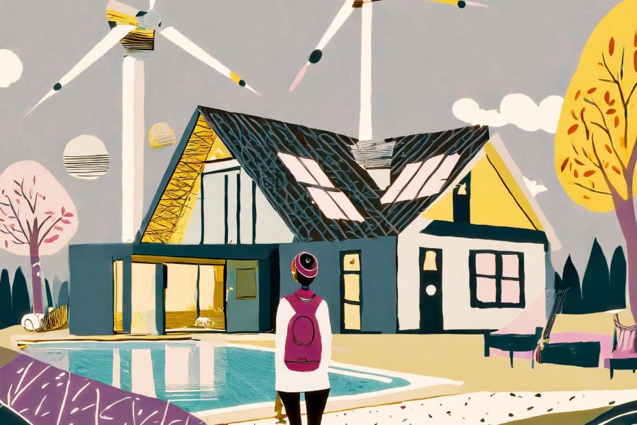 A person with a pink backpack stands before a modern house featuring large windows, a pool, and wind turbines. Clear skies and lush trees promote serene living—a perfect backdrop inspired by our top 10 air purifiers for large rooms guide.