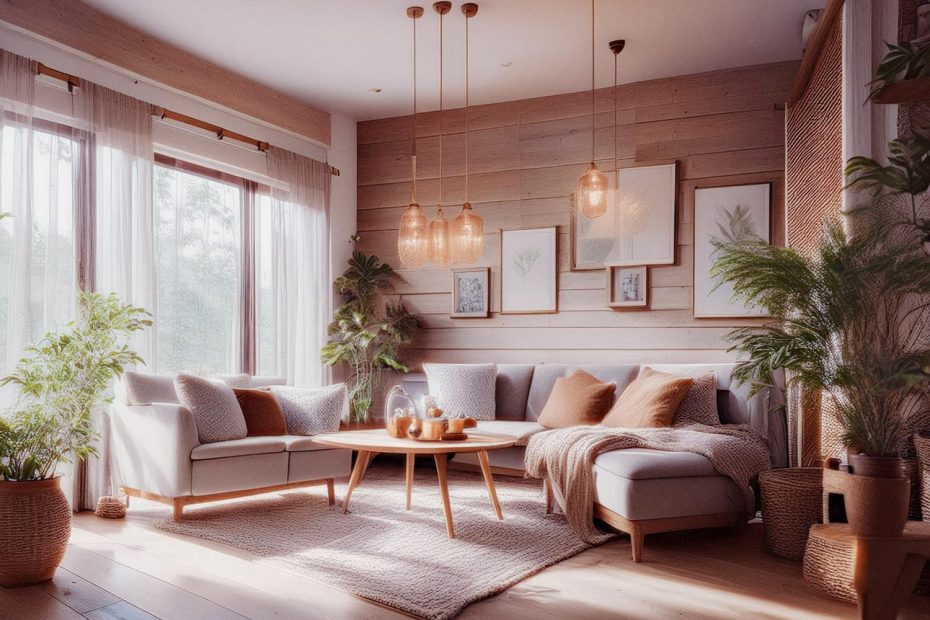 A bright living room with large windows, sheer curtains, a gray sectional sofa, wooden accents, lush plants, and a Pro Breeze HEPA air purifier for fresh air.