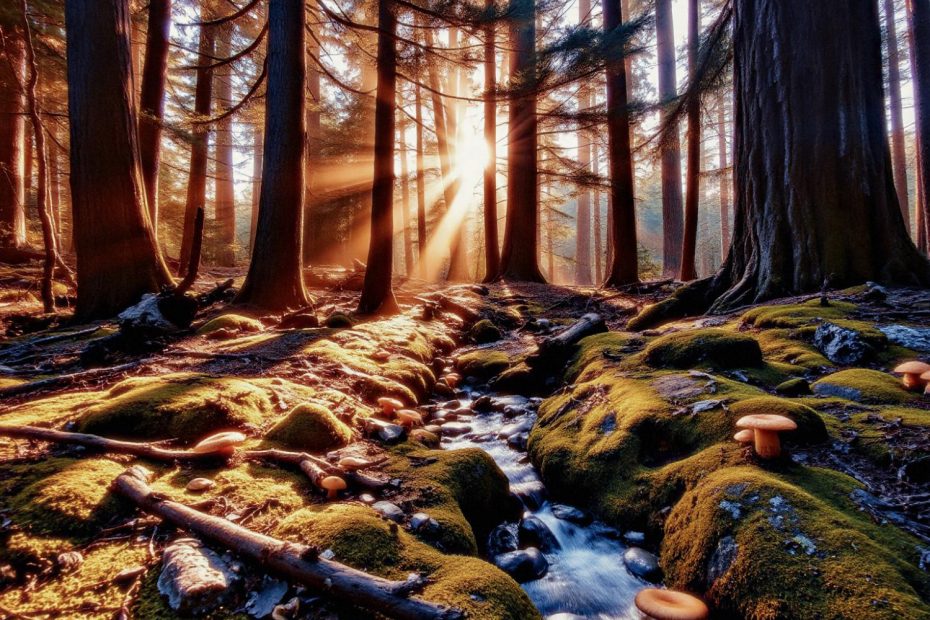 A sunbeam pierces a lush forest, illuminating moss and mushrooms. A stream mirrors the golden light, evoking tranquility and fresh air like the AirDoctor AD5500 in your home.
