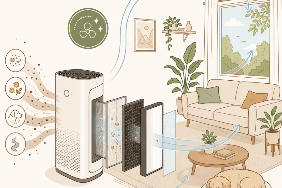 Air purifier filtering dust, pollen, and bacteria in a cozy living room; clean air flows as a dog naps amid plants and peaceful views—perfect for healthy living.