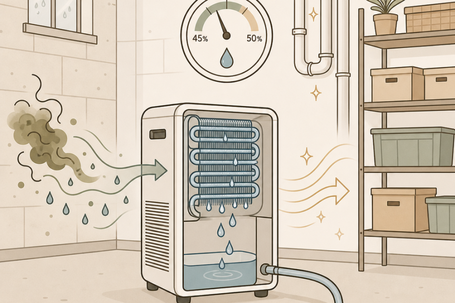 A dehumidifier lowers basement humidity from 50% to 45%, draining water and ensuring fresher air for comfortable, healthier living.